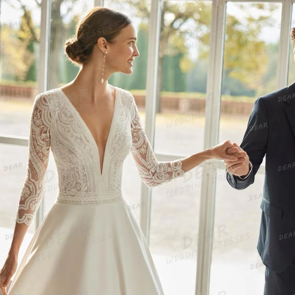 V-Neck Long Sleeve Backless Satin Wedding Dress
