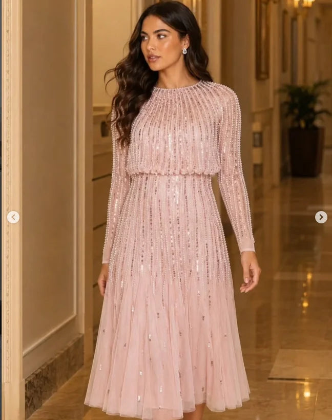 Pink Luxury Knee-length Mother of the Bride Dresses Beaded Sequins Long Sleeve Wedding Party Mother Guest Gown Customized