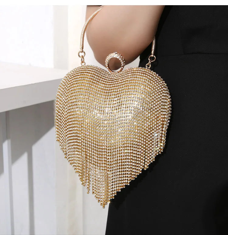 Heart Pattern Diamond Tassel Clutch