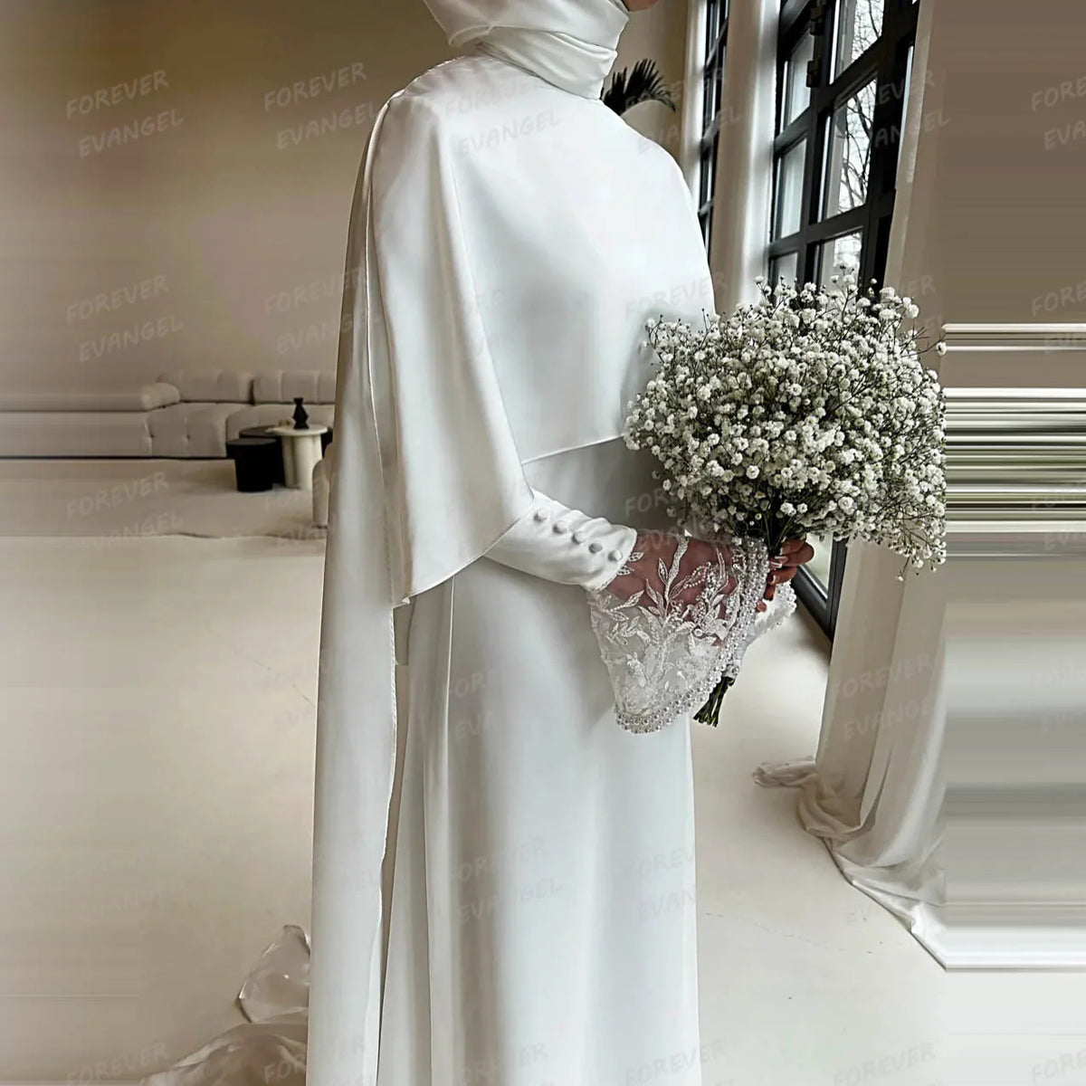 Simple Wedding Dresses Elegant A Line Shawl Woman's Formal Long Sleeve Bride Gowns Sweep Train Satin Customized Vestido De Novia