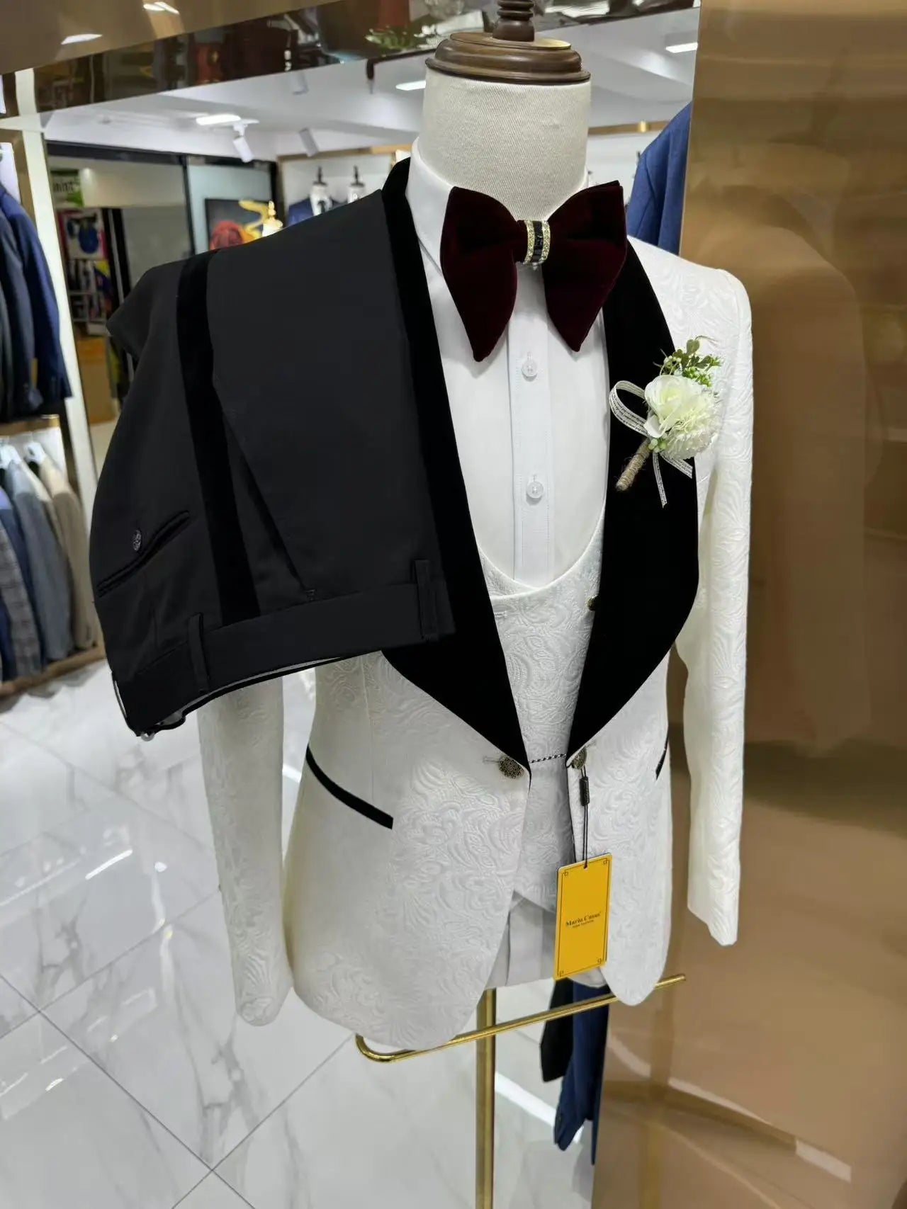 Thorndike Mens Wedding Suits White Jacquard with Black Satin Collar Tuxedo3 Pcs Groom Terno Suits for Men(Jacket+Vest+Pants)