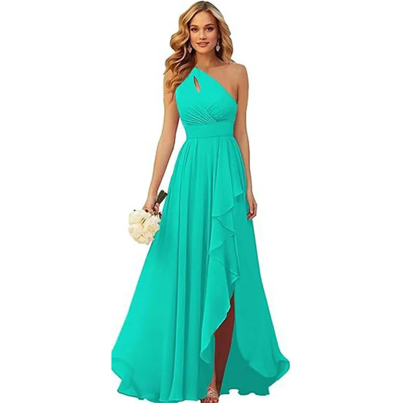 A Line Chiffon Bridesmaid Dresses One Shouder Slit Pleat Elegant Wedding Party Formal Prom Evening Lace Up Back