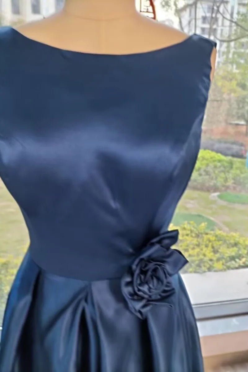 Satin Hi-Low Mother of The Bride Dresses Crew Neck Formal Dress A Line Elegance Wedding Guest Dress with Pockets
