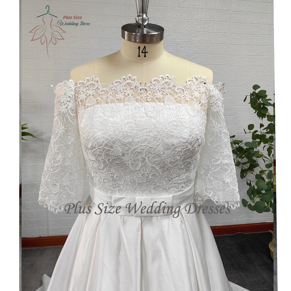 Boat Neck Half Sleeve Satin A-Line Wedding Dress