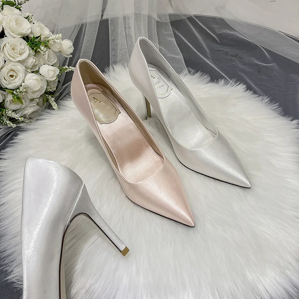 Pumps Women Shoes Wedding Shoes White High Heels Women's Satin Bridal Shoe Bridesmaid Shoes Large Size 42 43