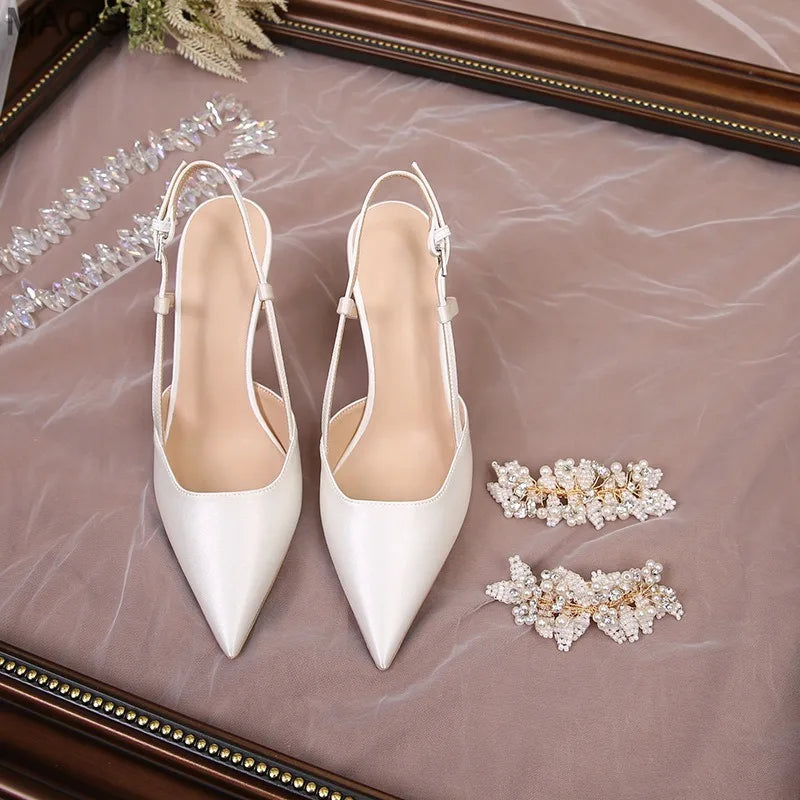 Pearl Rhinestone Pointed Toe Stiletto Heel Sandals Satin Bridal Wedding Shoes Elegant Evening Party Women's Shoes White Heels
