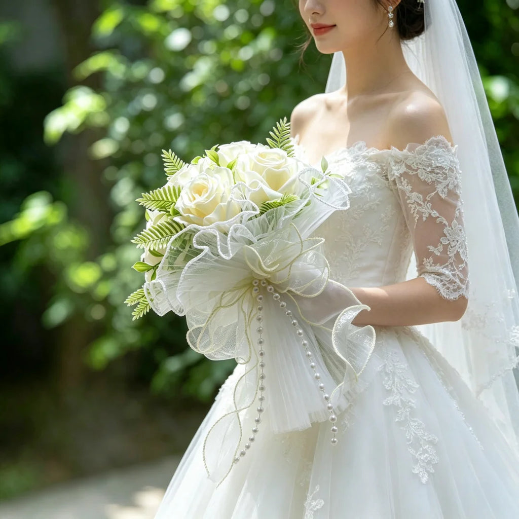 Pearl Rose Bridal Bouquet Artificial Silk Flower Hand Bouquet Pearl Lace Mesh Ball Ribbon Elegant Wedding Bridesmaid Bouquet