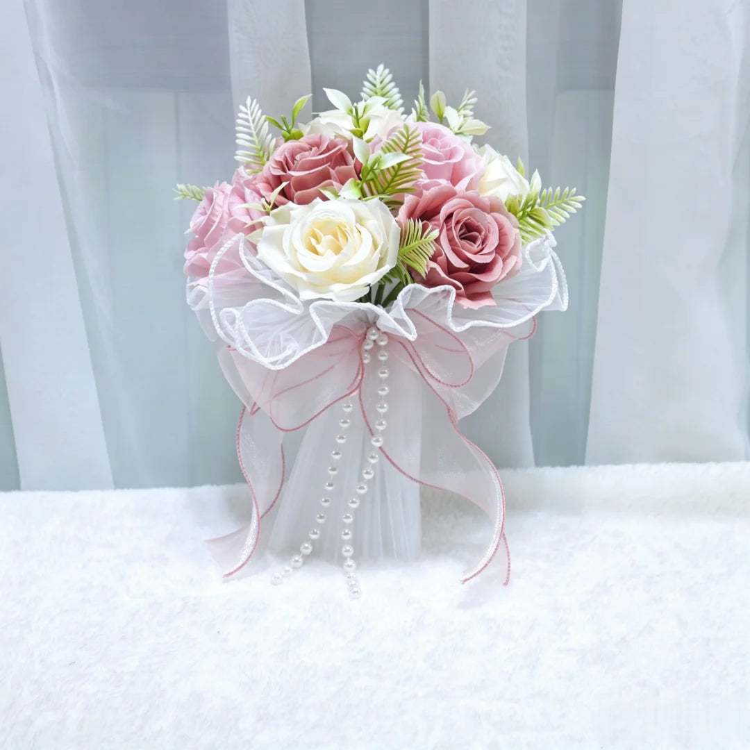 Pearl Rose Bridal Bouquet Artificial Silk Flower Hand Bouquet Pearl Lace Mesh Ball Ribbon Elegant Wedding Bridesmaid Bouquet