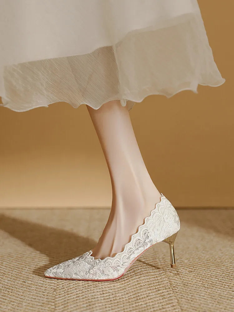 Embroidered Bridal Shoes Wedding Shoes Retro French Sandals 6.5cm High Heels Single Shoes Thin Heels Banquet Pointed Pumps 34-39