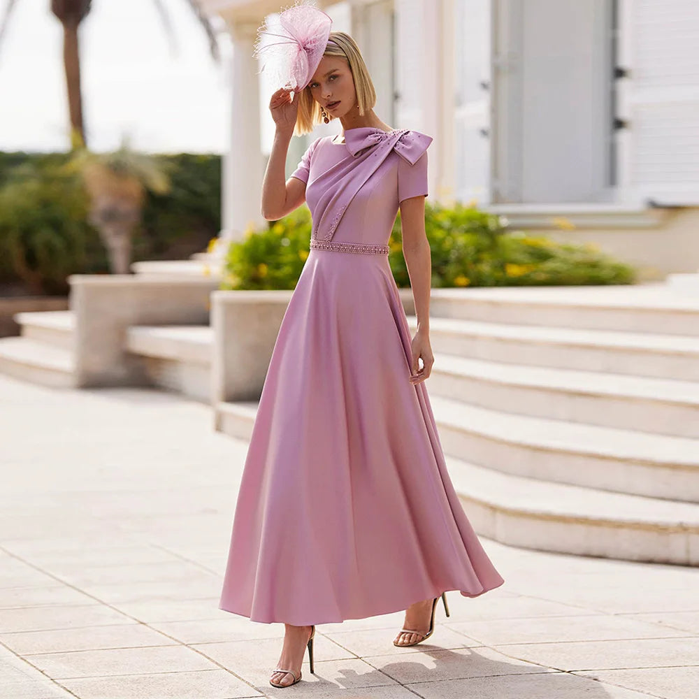 Customized Mother of The Bride Dress Elegant Short Sleeves Beading Pearls Bow A Line Ankle Length Satin Guest Woman Party Gown