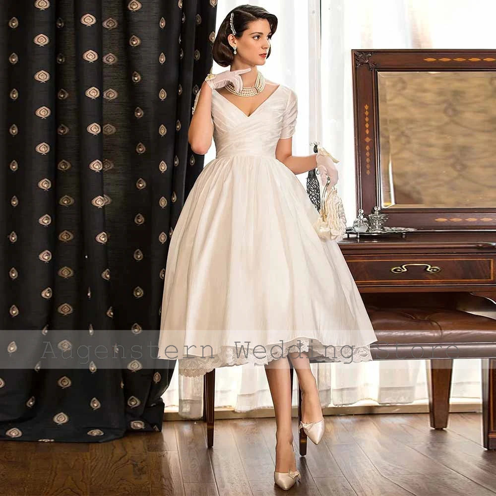 Customized Wedding Party Dresses Satin A-line Bridal Gown Ivory V-neck Pleat Ruched Lace Fairy Garden Wedding Dress Midi