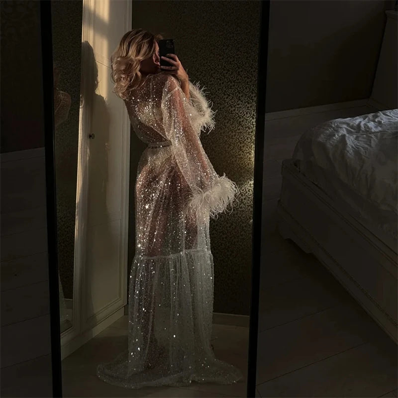 Ladies Club Party Coquette Transparent Shiny Robe Maxi Dresses for Women Bride's Wedding Morning Luxury Bridal Robe Dress