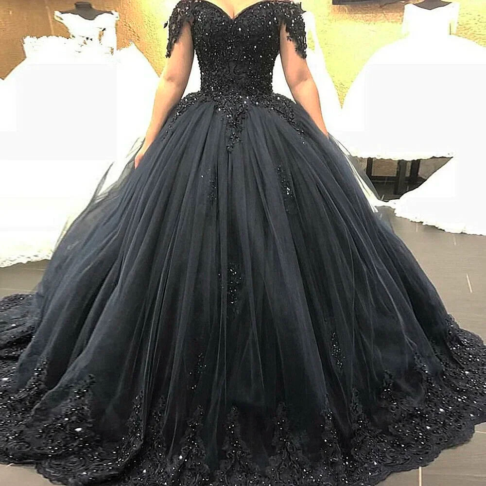 2024 Gothic Crystals Black Wedding Dresses Lace Appliques Ball Gown Glitter Princess Bridal Gowns Off The Shoulder
