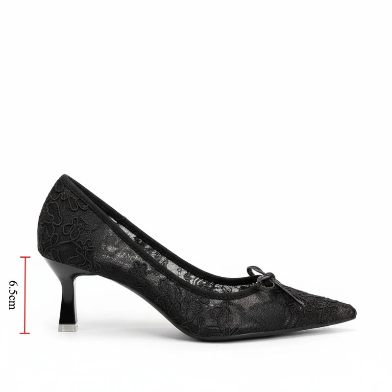Wedding Shoes Bridal Pumps for Women Elegant Lace with Bow Decor Pointed Toe Mesh Stiletto Heels Comfortable Classic Party