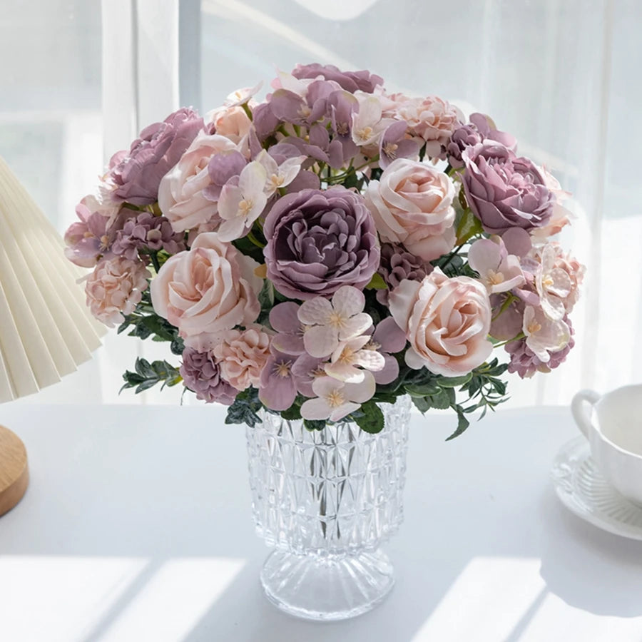Artificial Flowers 7 Fork Silk Rose Peony Hydrangea Festival Wreath Decor Wedding Wreath Home Room Table DIY Craft Accessories