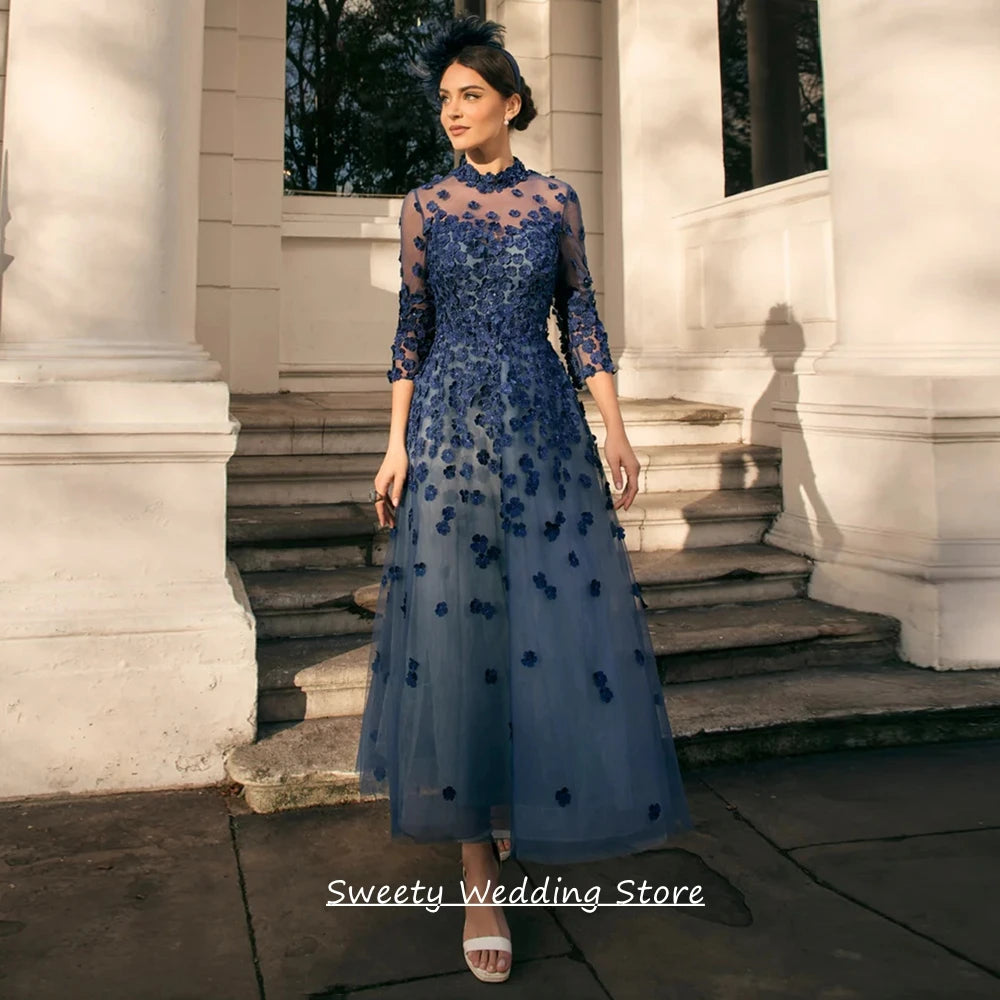 Customized Mother of The Bride Dress High Quality Round Neck 3/4 Sleeves Flowers Ankle Length A Line Wedding Guest Gown
