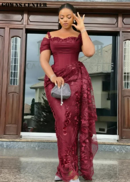 Fabulous Brown Lace Evening Dresses African Traditional Wedding Bride Dress Luxury Beads Lace Birthday Dress Asoebi Costomized