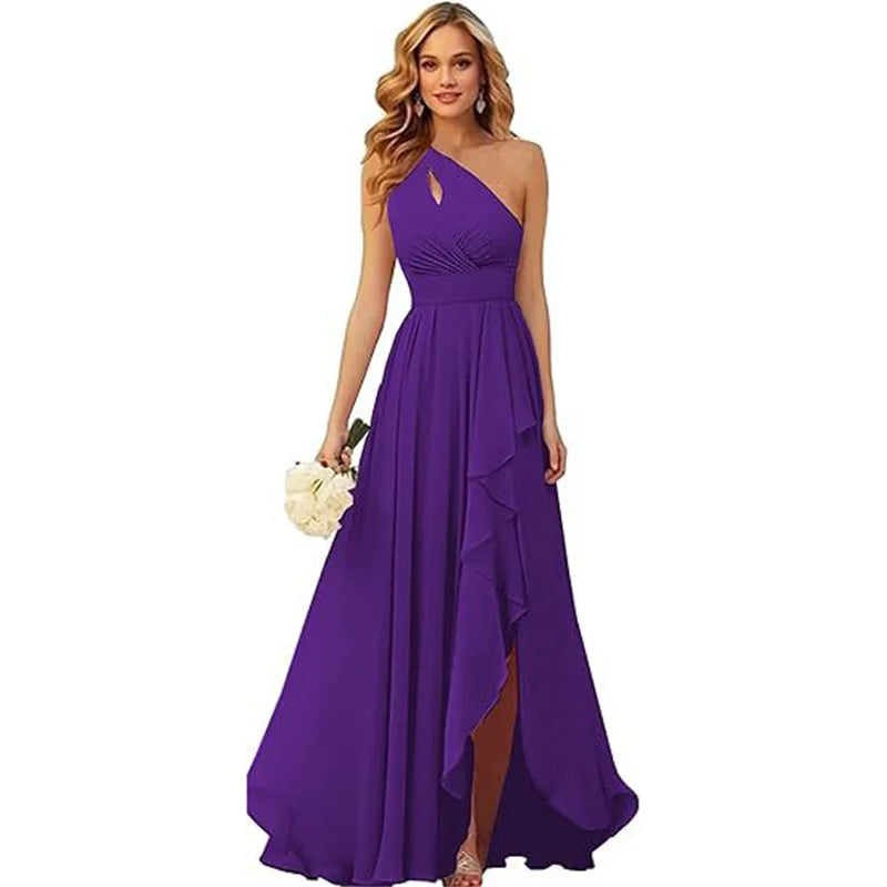 A Line Chiffon Bridesmaid Dresses One Shouder Slit Pleat Elegant Wedding Party Formal Prom Evening Lace Up Back