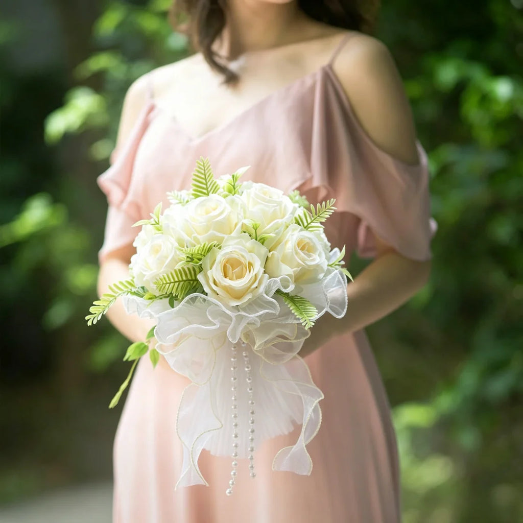 Pearl Rose Bridal Bouquet Artificial Silk Flower Hand Bouquet Pearl Lace Mesh Ball Ribbon Elegant Wedding Bridesmaid Bouquet