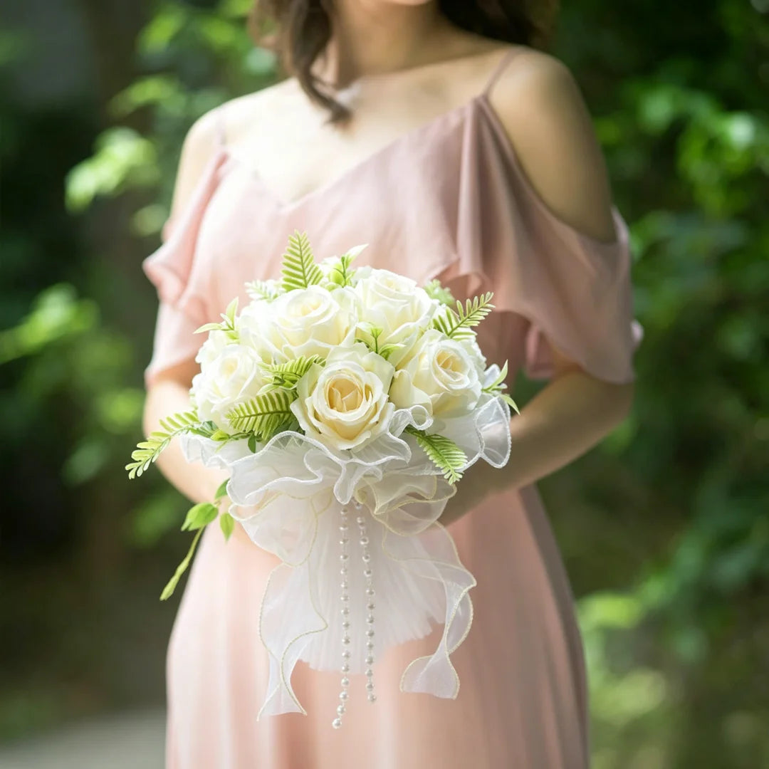 Pearl Rose Bridal Bouquet Artificial Silk Flower Hand Bouquet Pearl Lace Mesh Ball Ribbon Elegant Wedding Bridesmaid Bouquet