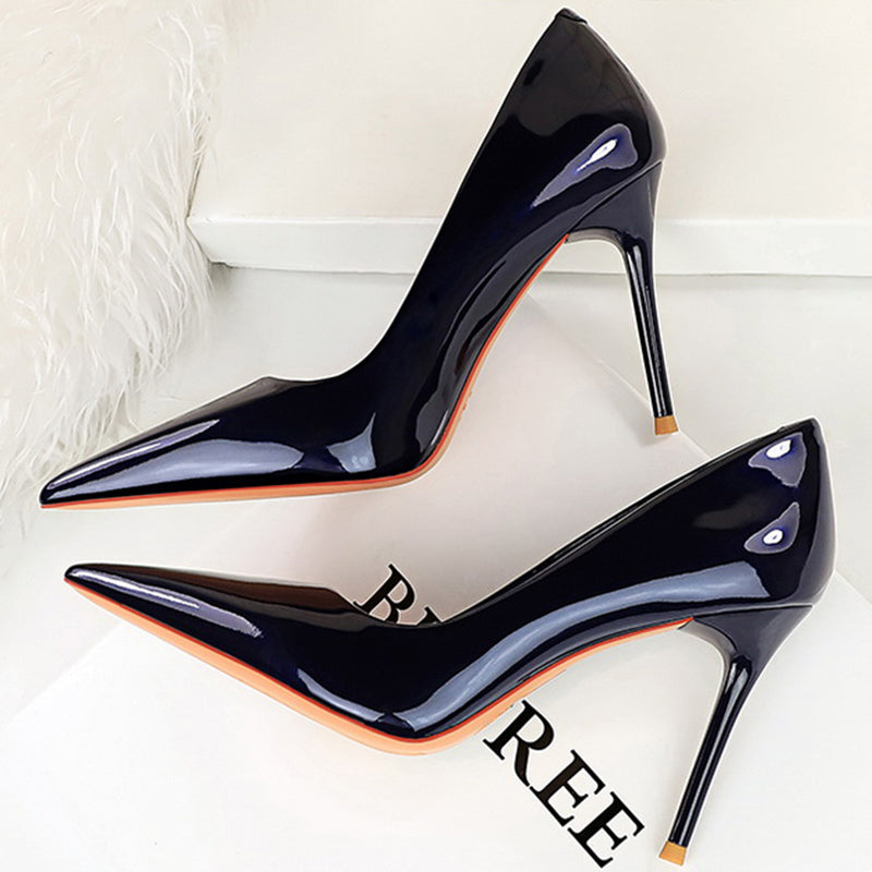 Women 9.5cm High Heels Pumps Wedding Bridal Classic Scarpins High Stiletto Heels Lady Nude Black White Glossy Leather Prom Shoes