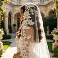 Full Lace Edge Mantilla Wedding Bridal Veils Cathedral Long Embroidered Ivory Tulle Floral Flowers Leaves Outdoor Church Brides