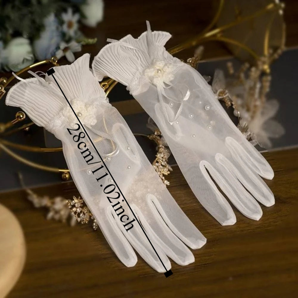 1 Pair Short Glove White Satin Gloves Wedding Elegant Sweet Bow Knot Gloves Mesh Thin Lace Gloves Women Evening Party