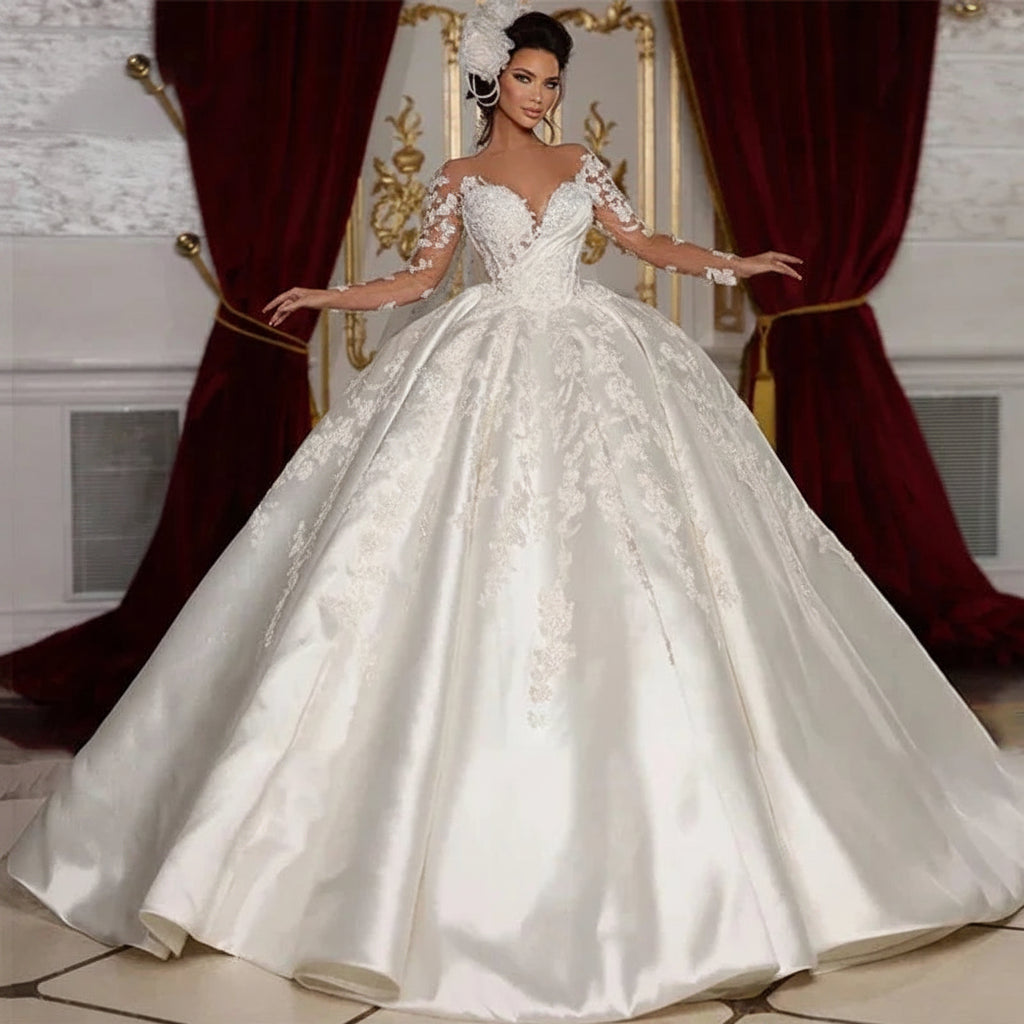 Vintage Wedding Dress Satin With  Embroidery Lace Princess Ball Gown O-Neck Full Sleeve Customized Bride Dress Vestido De Novia