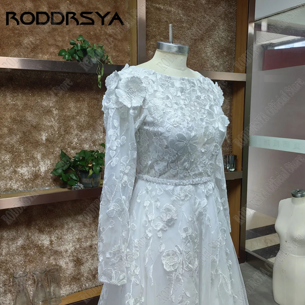 RODDRSYA Muslim Wedding Dresses 2025 Bride Long Sleeves Flowers A-Line Lace Bride Gowns Applique robe mariée boheme Customized