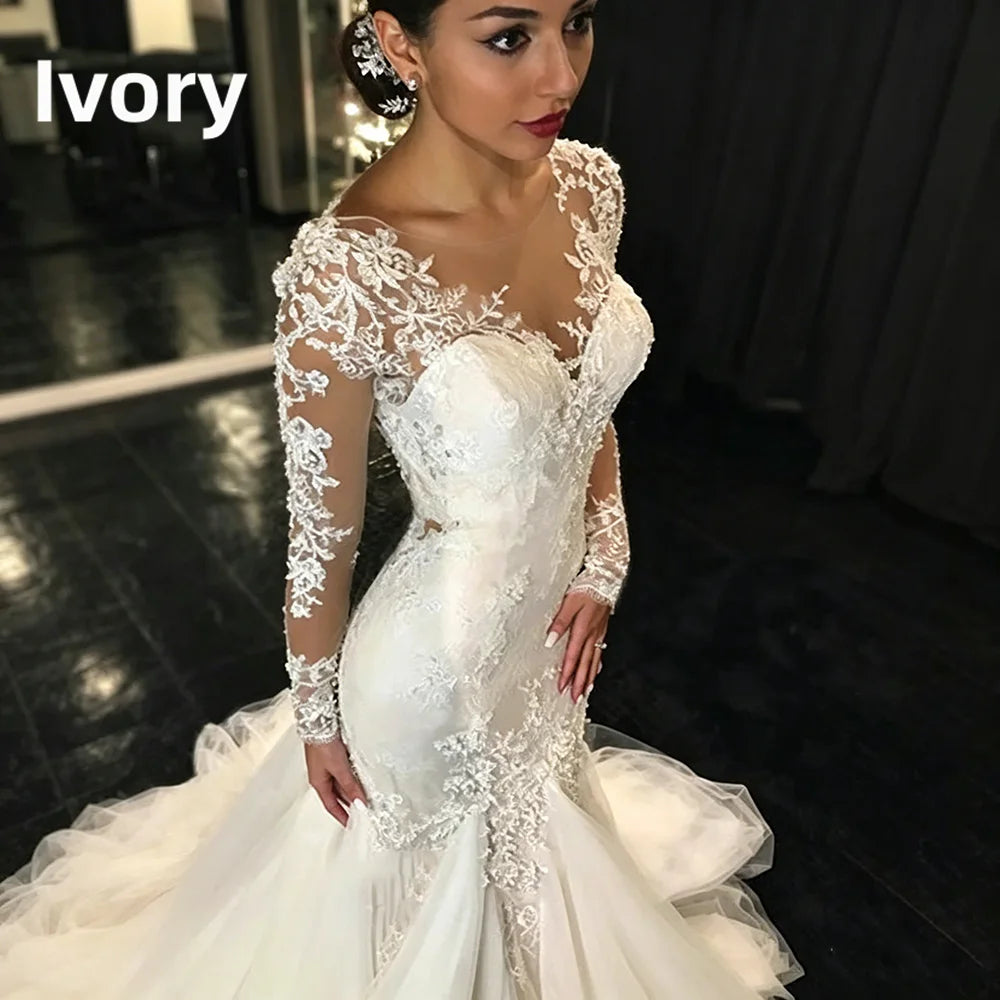 Long Sleeve Mermaid Wedding Dresses Sheer V Neck Lace Appliques Illusion Back Bridal Gown Sweep Train Tulle Vestido De Novia