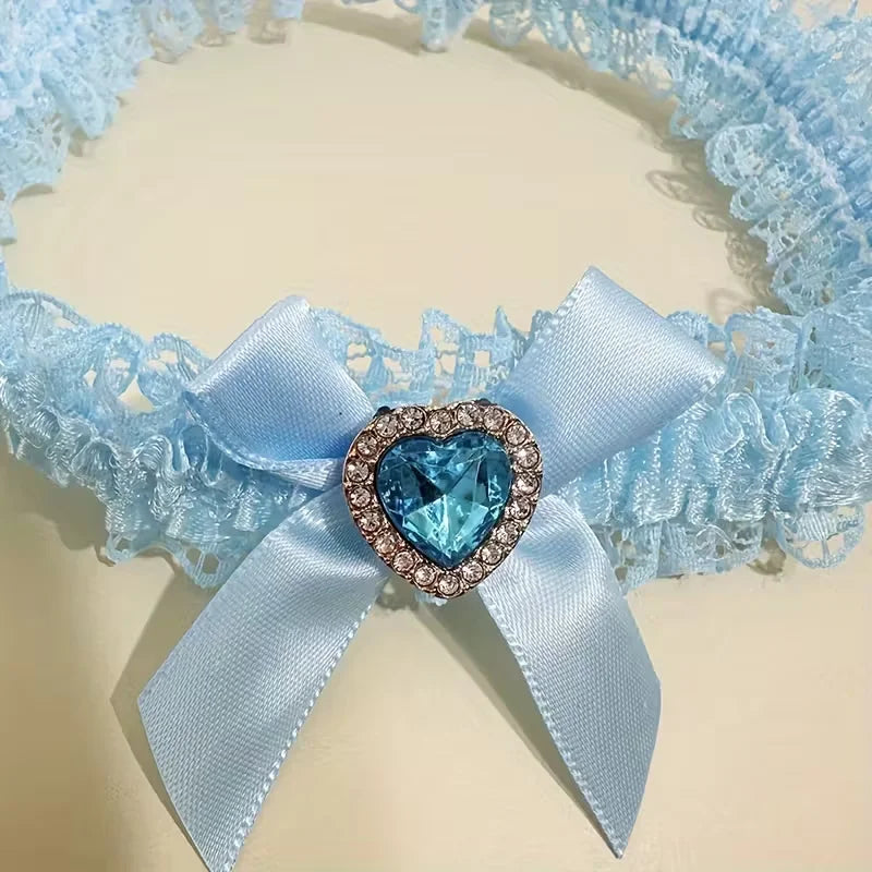 Elegant Blue Lace Wedding Garter With Bow And Rhinestone Heart Decoration – Bridal Leg Accessory For Wedding Season