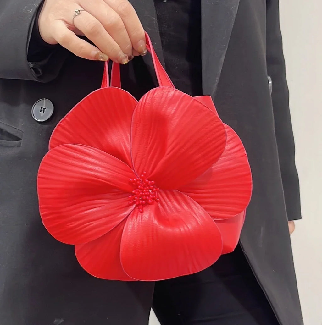 3D Floral Soft PU Leather Women Small Bucket Handbag Wedding Purse Dress Party Evening Bridal Clutch Bag