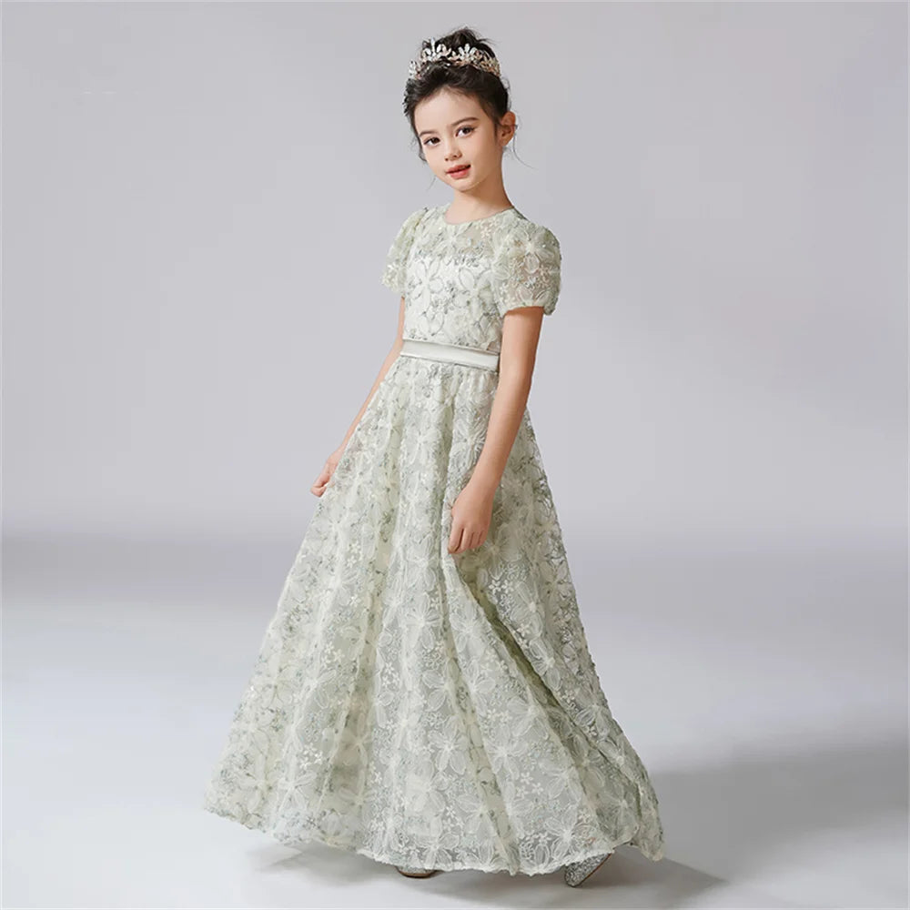 Rhinestone Floral Lace Puff-Sleeve Flower Girl Dress
