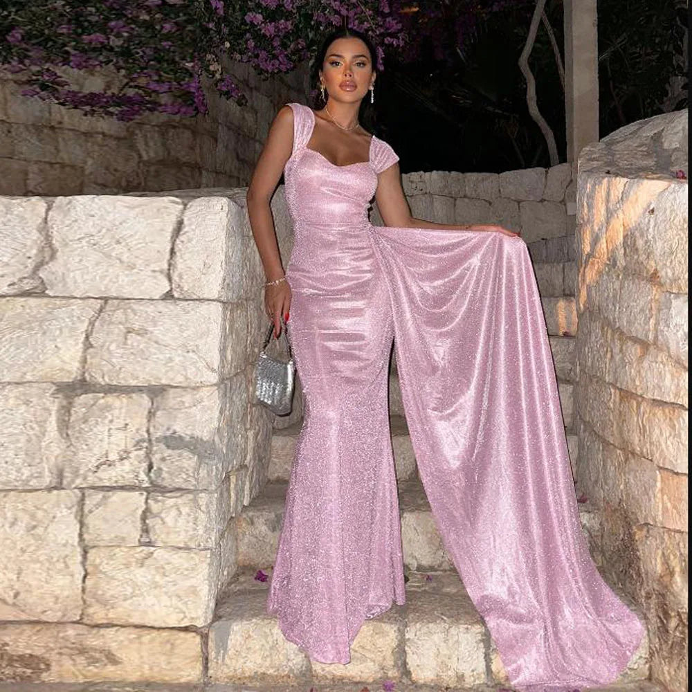 Customized Glitter Pink Evening Dress with Side Train Wide Strap Sweetheart Wedding Guest Gown Mermaid فساتين سهرة