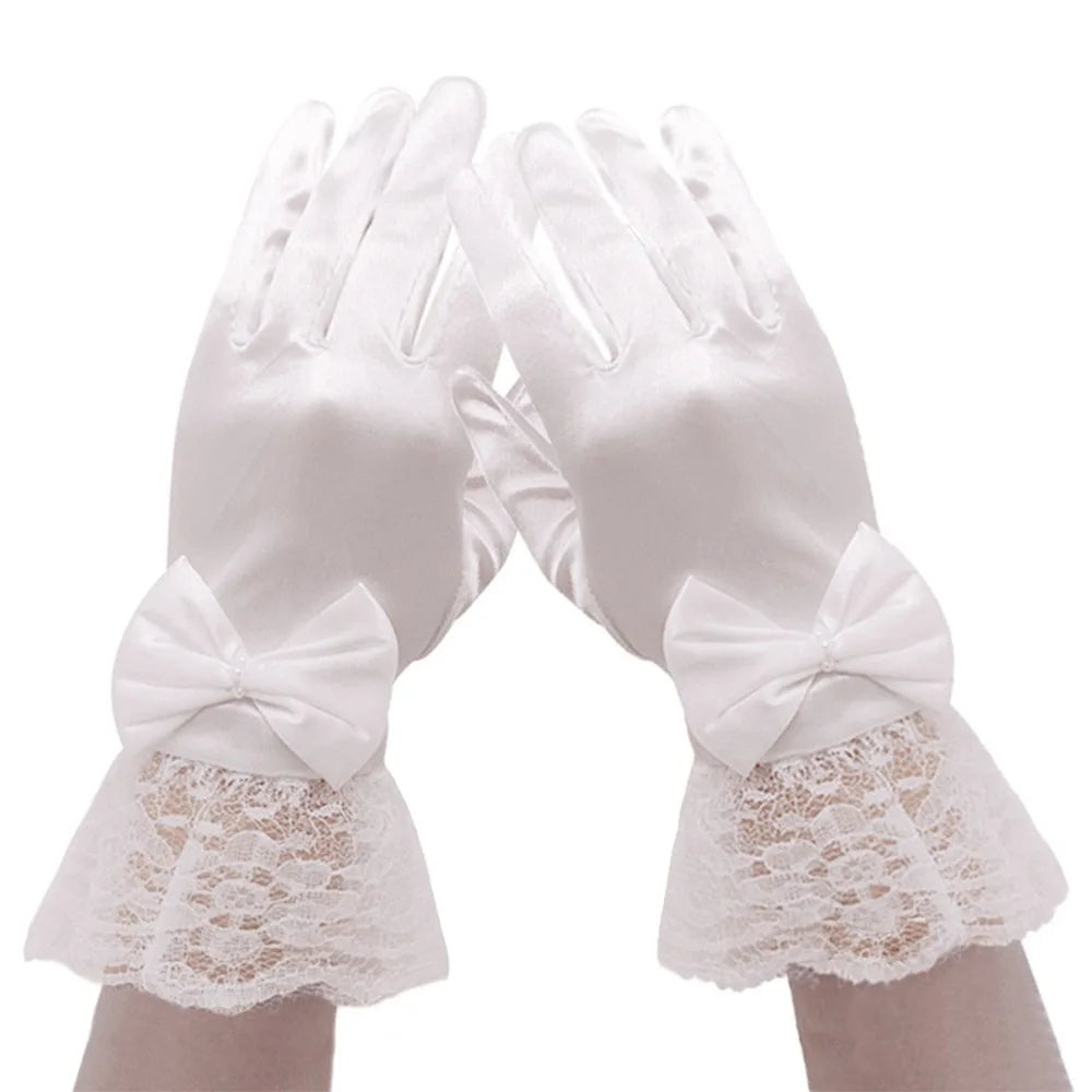 Elegant White Children's Wedding Gloves Short Glossy Satin Etiquette Dress Gloves Bow Knot Elastic Lace Gloves Holiday
