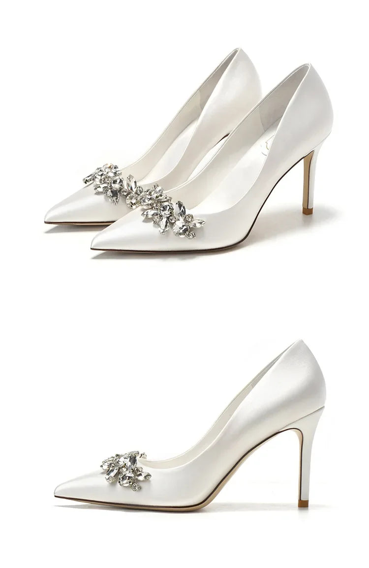 New White Champagne Women Bridal Wedding Shoes Faux Silk Satin Rhinestone Crystal Shallow Pumps Stiletto High Heel