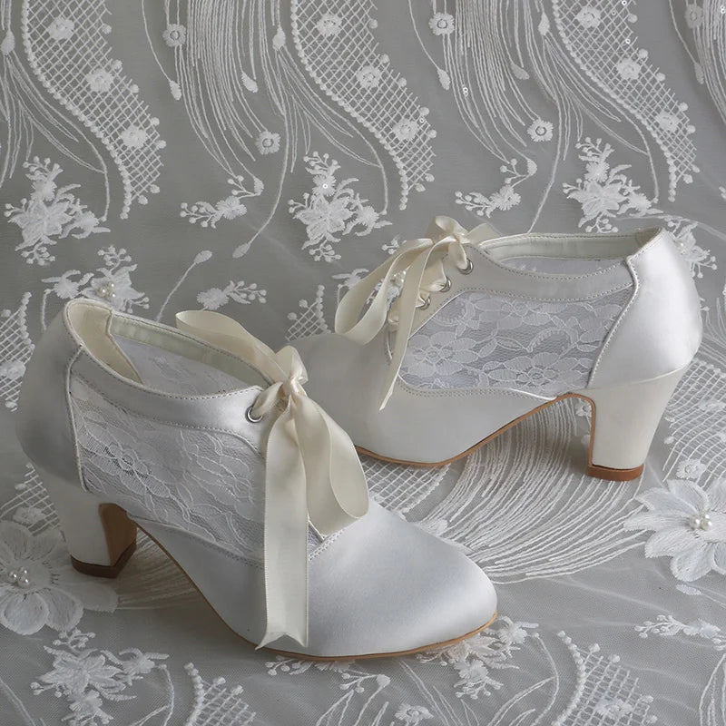 Customized Block Heels Bridal Shoes Boots Ivory Satin and Lace Ribbon Tie Wedding Boots for Dancing 7CM