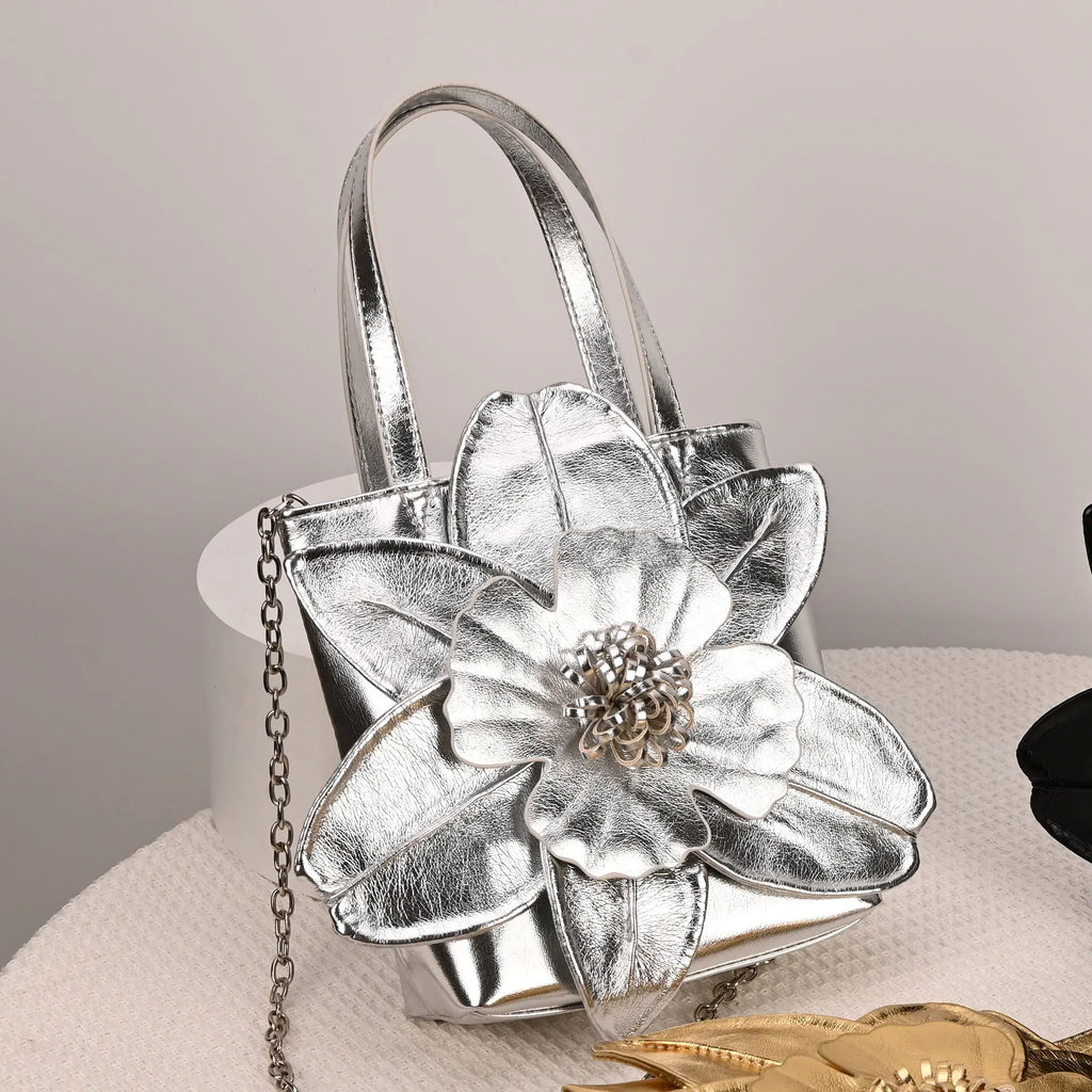3D Floral Soft PU Leather Women Bucket Handbag Wedding Purse Dress Party Evening Bridal Clutch Bag