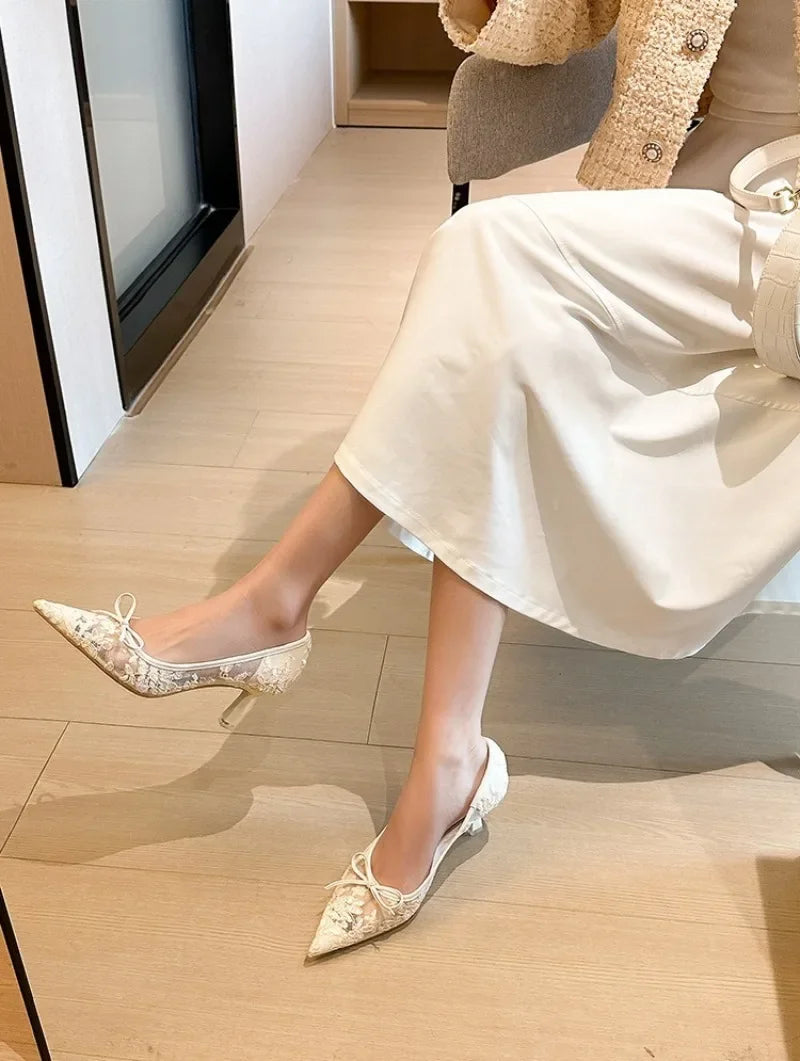 Wedding Shoes Bridal Pumps for Women Elegant Lace with Bow Decor Pointed Toe Mesh Stiletto Heels Comfortable Classic Party