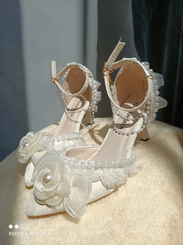 Lolita elegant party dresses for women 2024 wedding bridal shoe pointed toe heels Pretty shoes designer ladies heel beige high-e