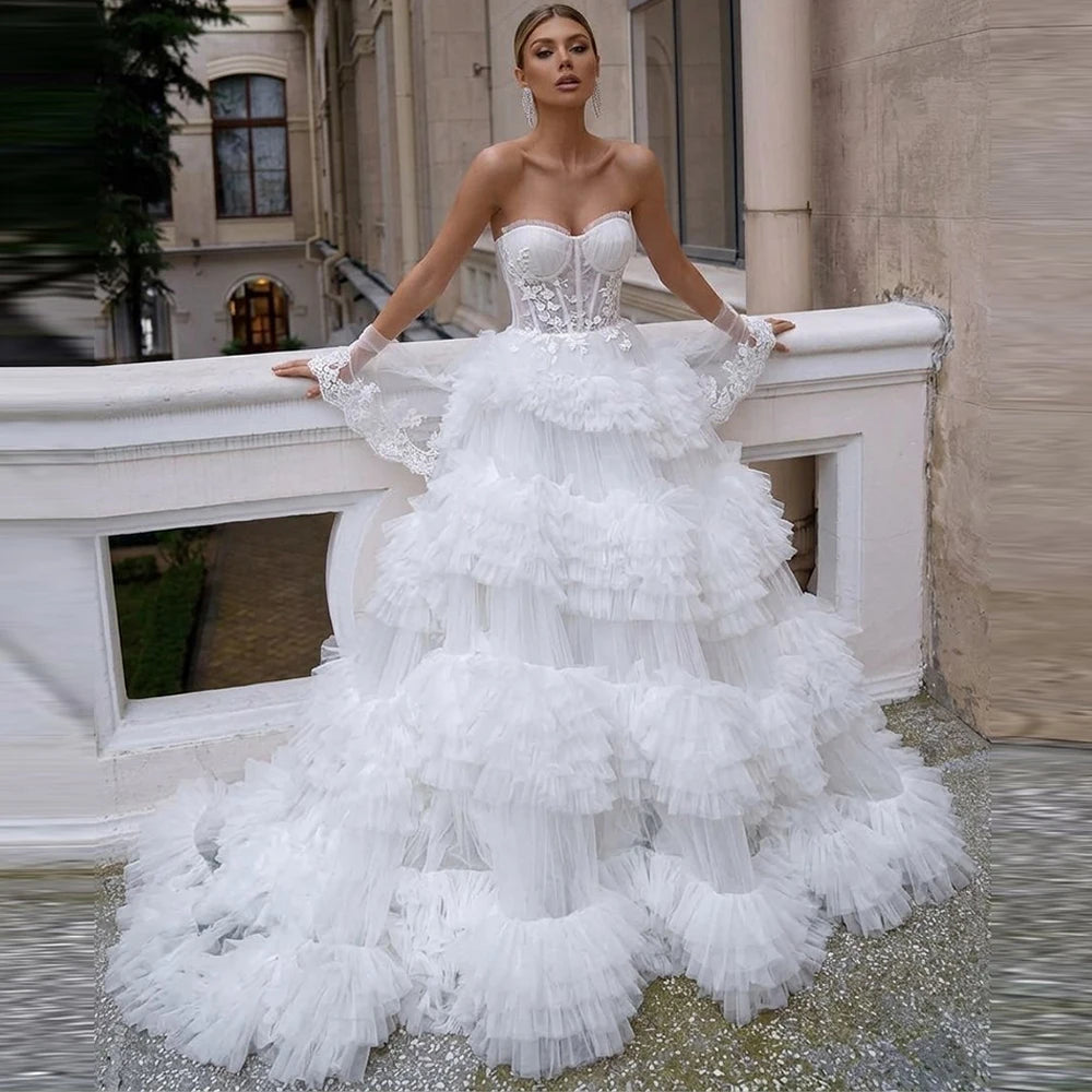 Ruched Tulle Strapless Applique Wedding Dress