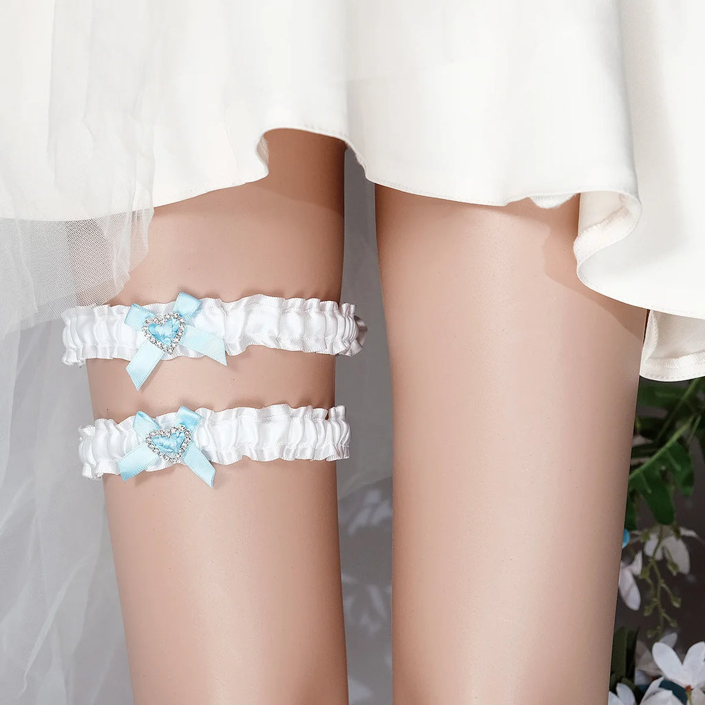 Blue Bow Wedding Garter 2pcs/set Bride Dress Accessories for Women Party Rhinestone Lace Bowknot Bridal Leg Garter Gift