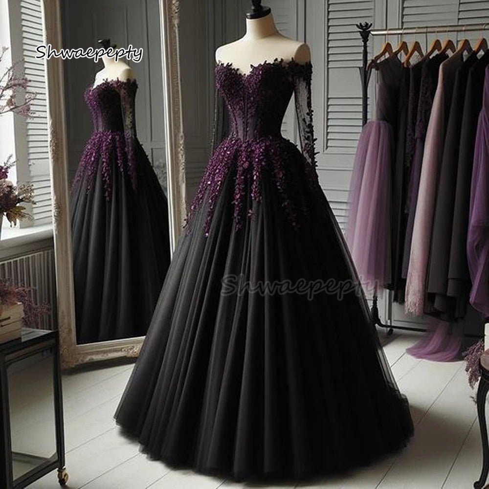 A-Line Black Gothic Wedding Dresses Off The Shoulder Long Sleeves Pleats Tulle Bridal Gown Grape Lace Appliques Customized - Luzilly Bridal & Apparel