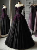 A-Line Black Gothic Wedding Dresses Off The Shoulder Long Sleeves Pleats Tulle Bridal Gown Grape Lace Appliques Customized - Luzilly Bridal & Apparel
