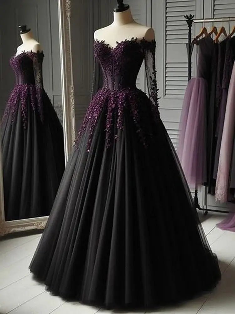 A-Line Black Gothic Wedding Dresses Off The Shoulder Long Sleeves Pleats Tulle Bridal Gown Grape Lace Appliques Customized - Luzilly Bridal & Apparel