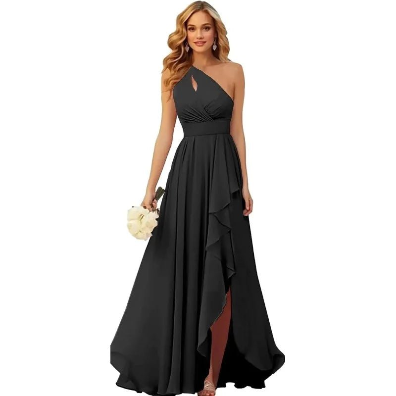 A Line Chiffon Bridesmaid Dresses One Shouder Slit Pleat Elegant Wedding Party Formal Prom Evening Lace Up Back - Luzilly Bridal & Apparel