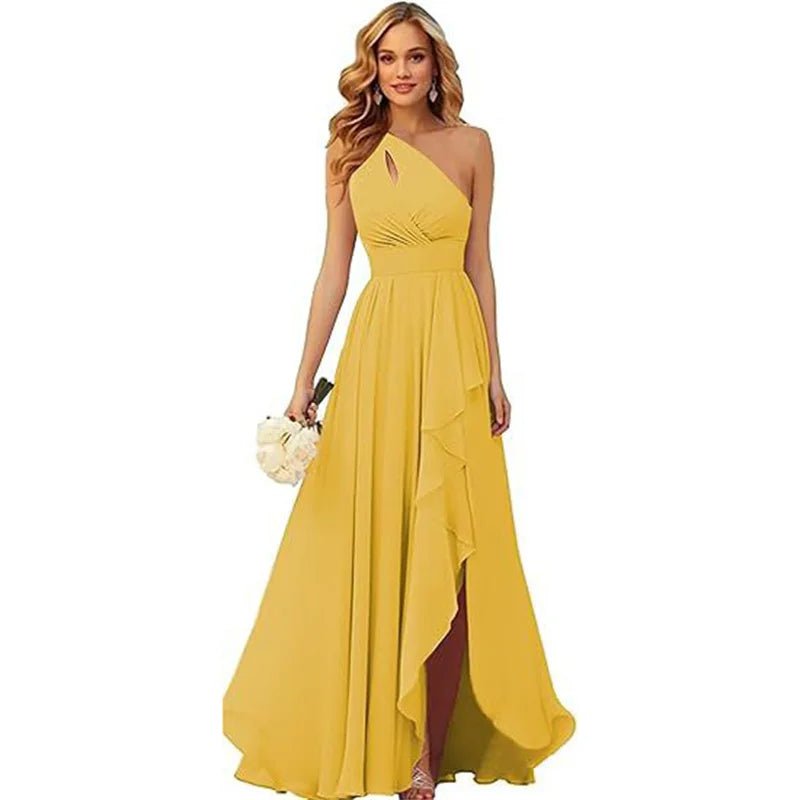 A Line Chiffon Bridesmaid Dresses One Shouder Slit Pleat Elegant Wedding Party Formal Prom Evening Lace Up Back - Luzilly Bridal & Apparel