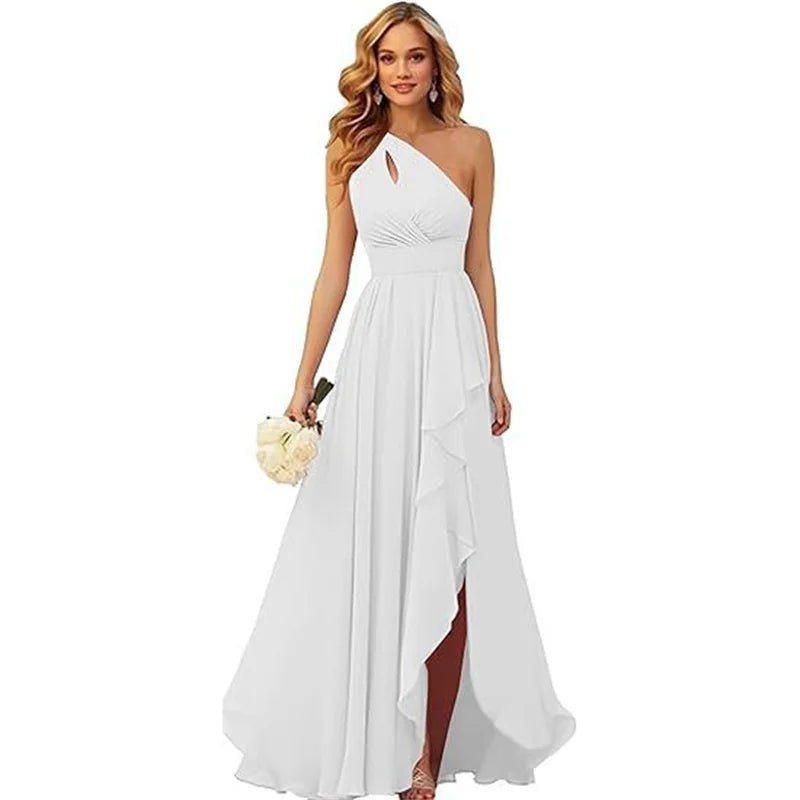 A Line Chiffon Bridesmaid Dresses One Shouder Slit Pleat Elegant Wedding Party Formal Prom Evening Lace Up Back - Luzilly Bridal & Apparel