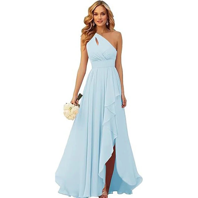 A Line Chiffon Bridesmaid Dresses One Shouder Slit Pleat Elegant Wedding Party Formal Prom Evening Lace Up Back - Luzilly Bridal & Apparel