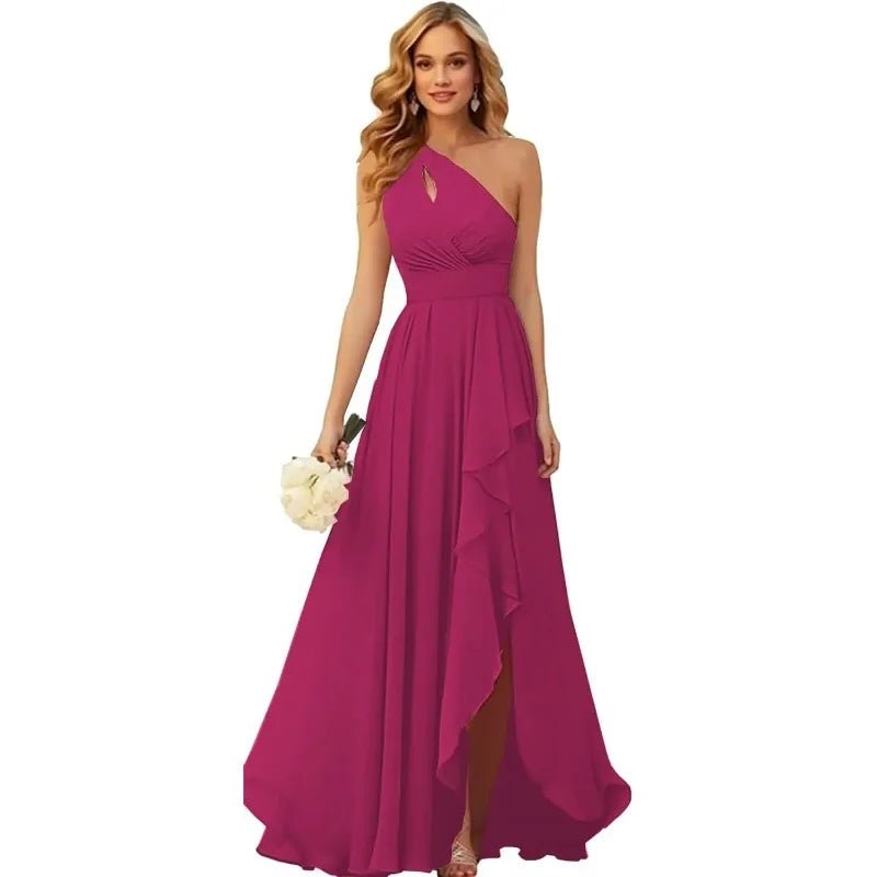 A Line Chiffon Bridesmaid Dresses One Shouder Slit Pleat Elegant Wedding Party Formal Prom Evening Lace Up Back - Luzilly Bridal & Apparel
